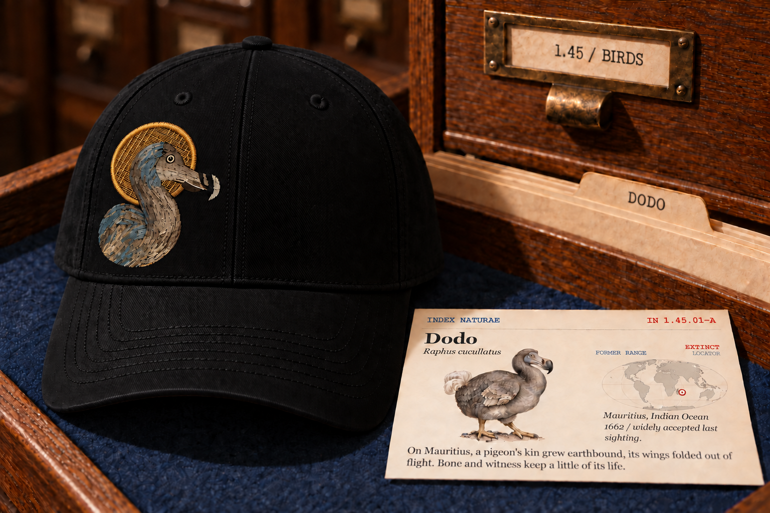 Larger Dodo embroidery placed fully on the left front panel of a black cap, beside its natural-history card