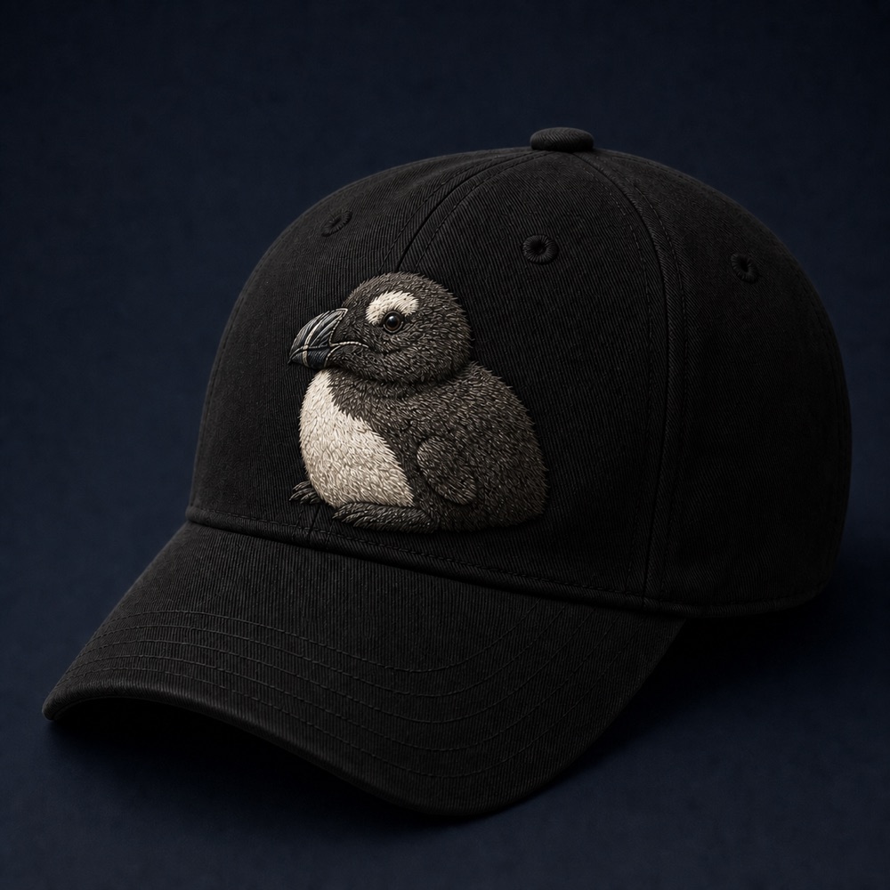 Black cap with a large great auk chick emblem