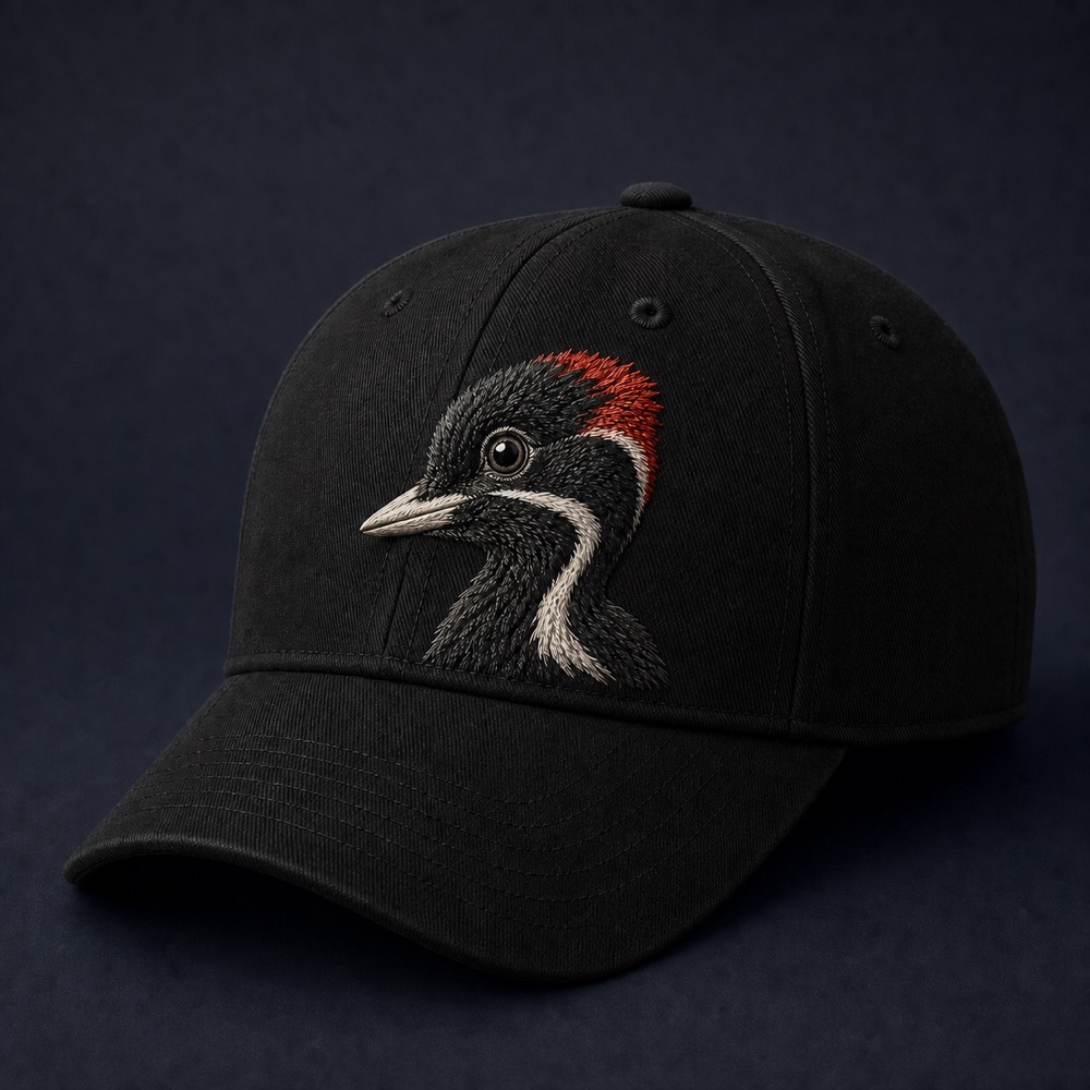 Black cap with a large ivory-billed woodpecker nestling emblem