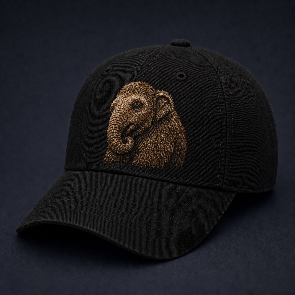 Black cap with a large mammoth calf emblem