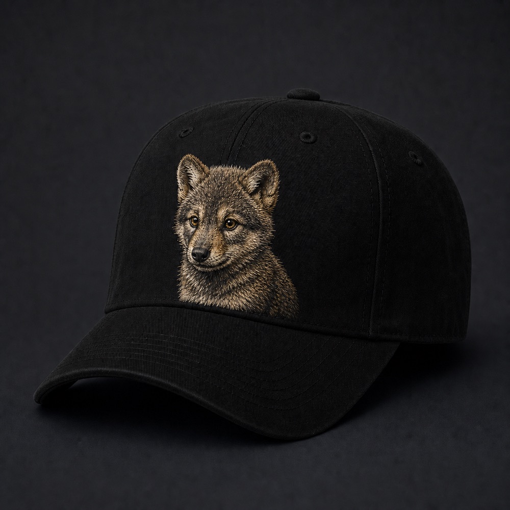 Black cap with a large dire wolf pup emblem